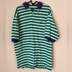 VINTAGE 90s Nautica Green and White  striped Polo with Purple Collar men’s Large